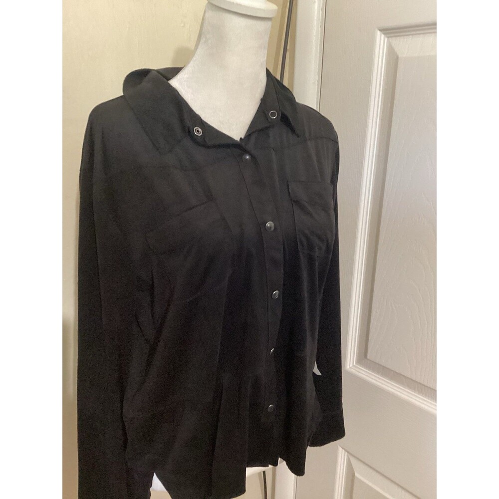 Another Love Faux Suede Black Long Sleeve Snap Button Top S - Picture 2 of 6